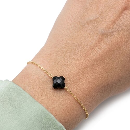 Bracelet trèfle onyx noir facetté or 18 carats sur argent 925 - bijou porte bonheur et protection - bracelet réglable 16-19 cm