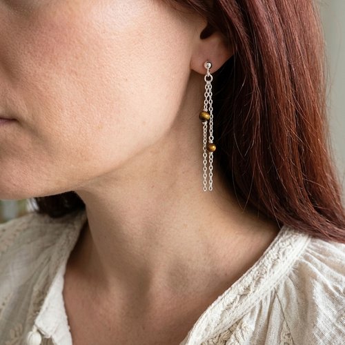 Boucles d'oreilles œil de tigre pendantes argent 925