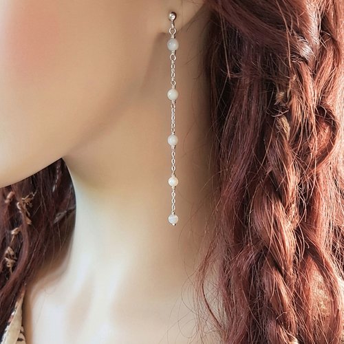 Boucles d’oreilles longues pendantes en argent 925 et perles de nacre