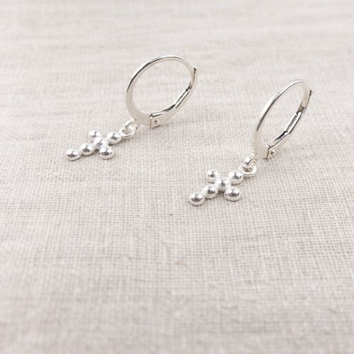 Boucles d’oreilles croix argent 925 dormeuses – demi perles fines femme