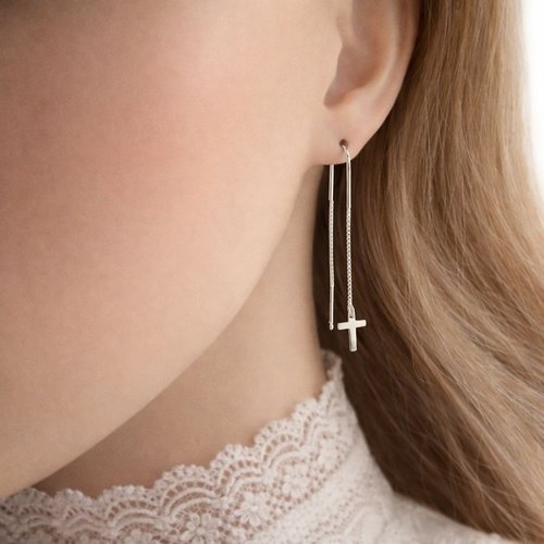 Boucles d’oreilles croix pendantes en argent 925 - boucles d'oreilles traversantes longue chaîne