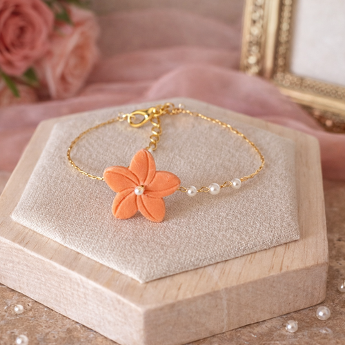 Bracelet corail solaire – fleur fait main – bijou mariage coloré perles & doré
