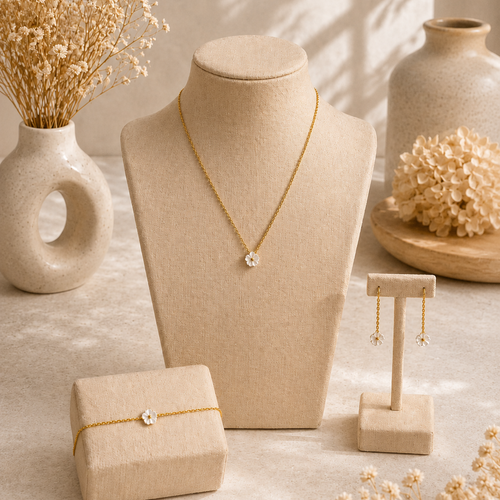Parure nacéline – collier, bracelet & boucles fleur en nacre| bijoux mariée élégants et raffinés