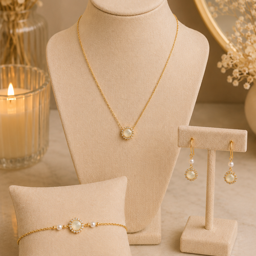 Parure aurore – collier, bracelet & boucles élégants en cristal & perles nacrées lueur de perles