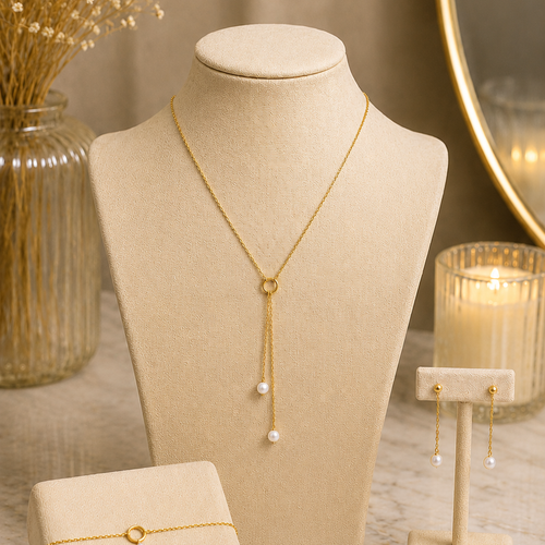 Parure mariée bohème chic lyséline – collier y doré & perles nacrées – bijoux mariage minimaliste made in france