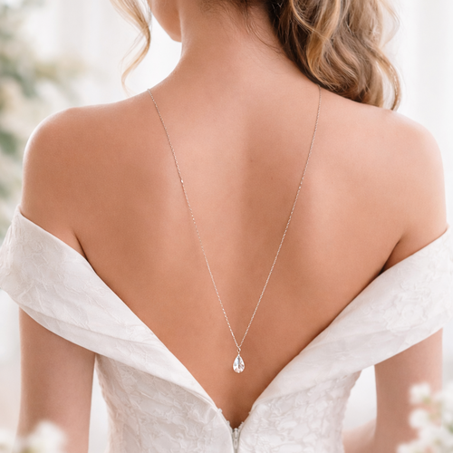 Collier de dos mariage en cristal – bijou dos nu élégant pour mariée- goutte de lumière