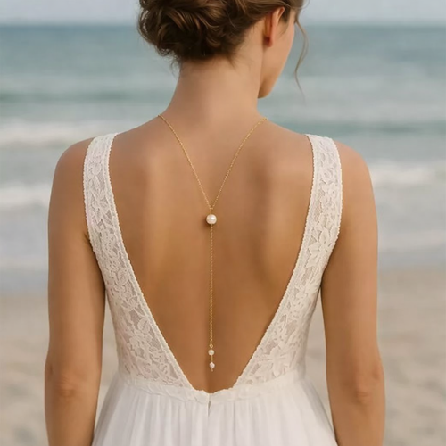 Collier de dos mariée doré – chaîne fine & perles nacrées swarovski | bijou élégant robe dos nu- altair
