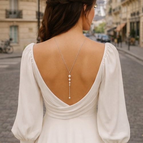 Collier de dos mariage doré et perles nacrées, bijou délicat pour robe dos nu- tonlé sap