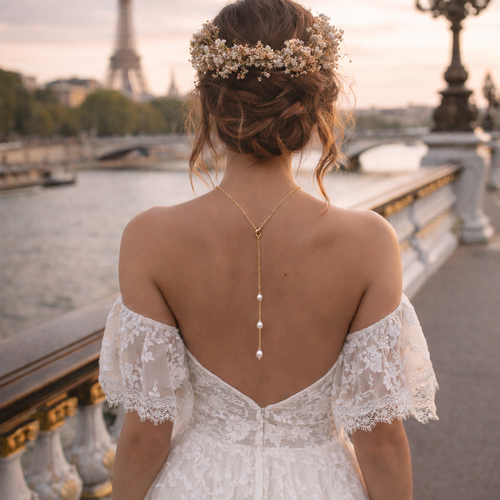 Collier de dos mariée pour robe dos nu – perles d’eau