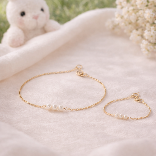 Kit bracelet mariée & fille – perles blanches dorées | bijoux maman fille mariage