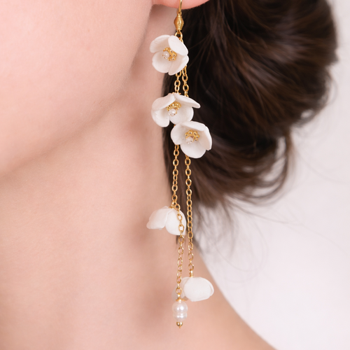 Boucles d’oreilles mariée fleurs & perles d'eau – doré élégant- pendantes -danza de flores