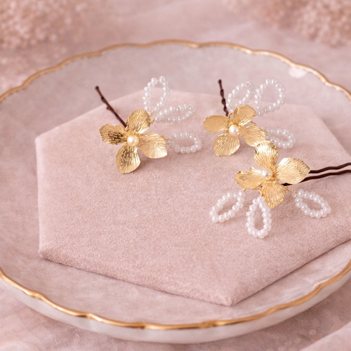 Pics à cheveux mariée perles nacrées & fleurs dorées |évidence