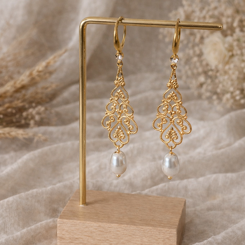 Boucles d’oreilles mariage dorées perle pendante – style romantique chic -estampa