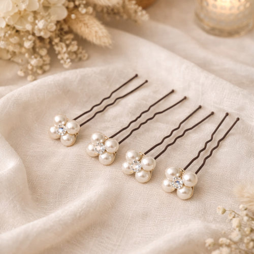 Pics cheveux mariage perles et cristal – idéal chignon bas romantique – fleurs de perles-lot de 4