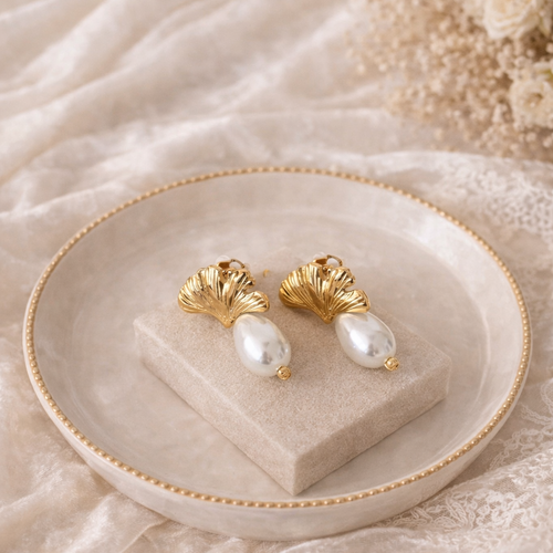 Boucles d’oreilles mariage ginkgo dorées & perle – élégance bohème chic