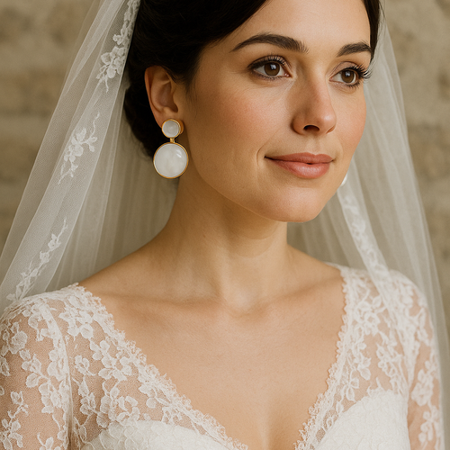 Nacre - boucles d’oreilles de mariée en acier inoxydable – clous avec cabochon nacre 20 mm