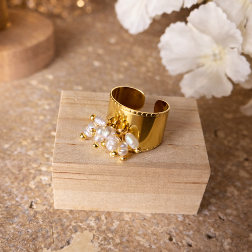 Bague – bague perle ajustable en acier inoxydable doré – bijou mariage femme fait main- imperial pearl