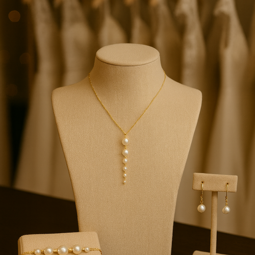 Parure mariée éclat de perle, collier cascade bracelet boucles perles nacrées dorées, bridal jewelry set, bijoux mariage élégant