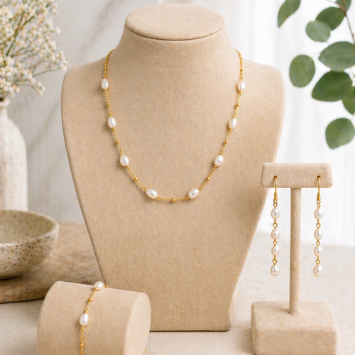 Parure éléonore – collier, bracelet & boucles longues en perles d’eau douce | élégance bohème chic