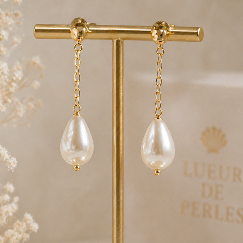 Boucles d’oreilles mariée goutte nacrée dorées élégantes & raffinées – nacélya