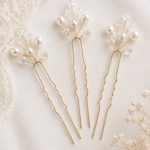 Pics à cheveux mariée perles & cristaux dorés – accessoire chignon élégant – rosée céleste