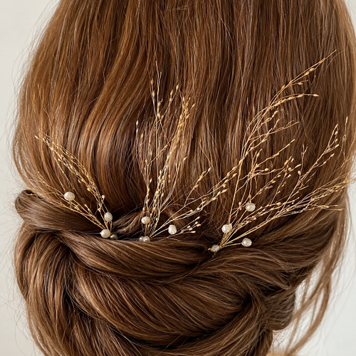Pics à cheveux mariage rosée dorée – perles d’eau et branches dorées, coiffure mariée élégante