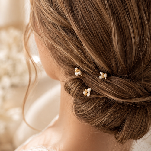 Pics à cheveux mariée auréa – perles d’eau douce naturelles & finition dorée | accessoire chignon mariage bohème chic