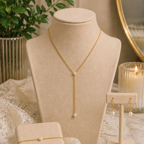 Parure mariée anaëlle – collier y & perles fines dorées – bijoux mariage élégants lueur de perles