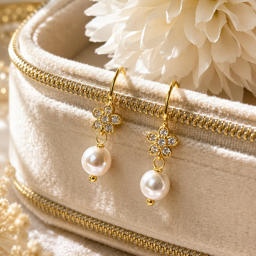 Boucles d’oreilles fleur dorées à l’or fin – perle & zirconium – bijou mariée bohème chic – florelle