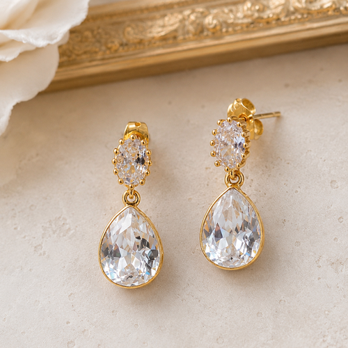 Boucles d’oreilles mariée goutte cristal doré naïade, bijou mariage sirène, boucles pendantes élégantes, style princesse romantique