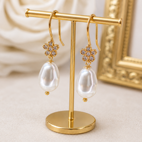 Boucles d’oreilles mariée perle nacrée dorée pour un mariage romantique- élia