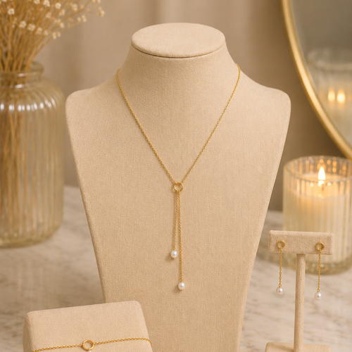 Parure mariée bohème chic lyséline – collier y doré & perles nacrées – bijoux mariage minimaliste made in france