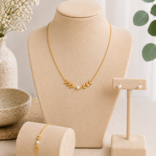 Parure mariée éléa – feuillage doré & perles d’ivoire – bijoux mariage élégants– bijoux mariage minimaliste made in france