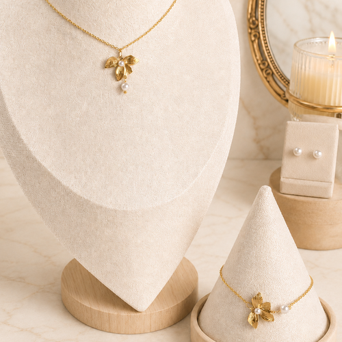Parure soléane – bijoux de mariage dorés fleur d’orchidée et perles nacrées