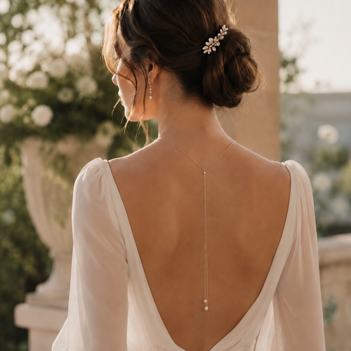 Collier de dos amandine – bijou de dos mariée à perle délicate perle fine bohème chic – bijou dos nu mariage élégant