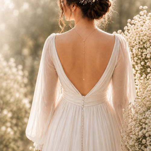 Collier de dos mariée élinne – chaîne fine & perles