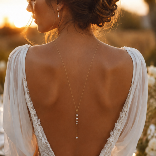 Collier de dos mariée aura – perles fines dorées