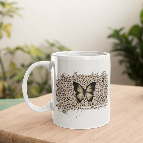 Mug blanc motif léopard - tasse à café avec papillon - mug 11 oz léopard avec papillon