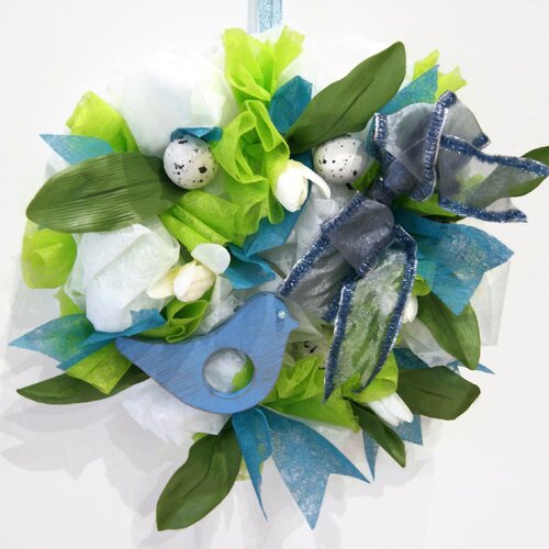 Couronne de rubans bleue et verte avec oiseau - décoration florale pour la maison