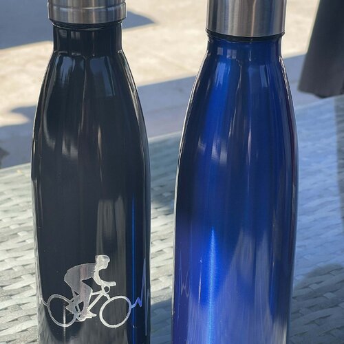 Bouteille inoxydable noire ou bleu avec vélo - gourde décor cycliste - bouteille d'eau acier inoxydable - cadeau amoureux du vélo