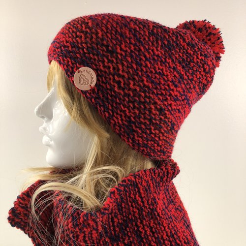 Ensemble bonnet /snood laine tricoté main réf 3923