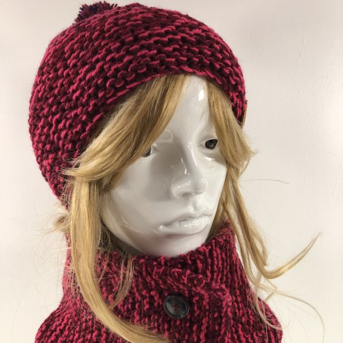 Ensemble bonnet /snood laine tricoté main réf 3868