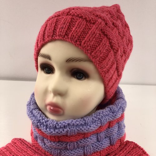 Ensemble enfant bonnet/snood/mitaines réf 4073 laine tricoté main