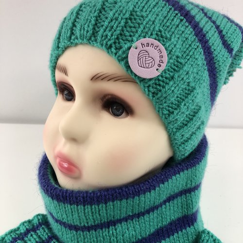 Ensemble enfant bonnet/snood/mitaines réf 4098 laine tricoté main