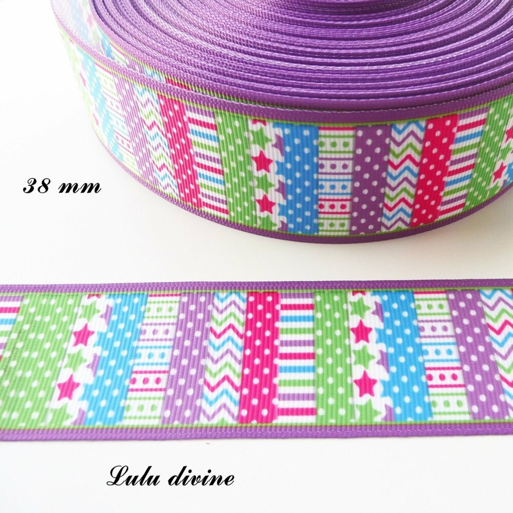 Ruban gros grain blanc bande de pois étoile /& chevron de 38 mm vendu au mètre