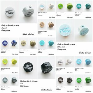 Perle en bois de 20 mm Petit prince Perle plate Bleu marine Blanc