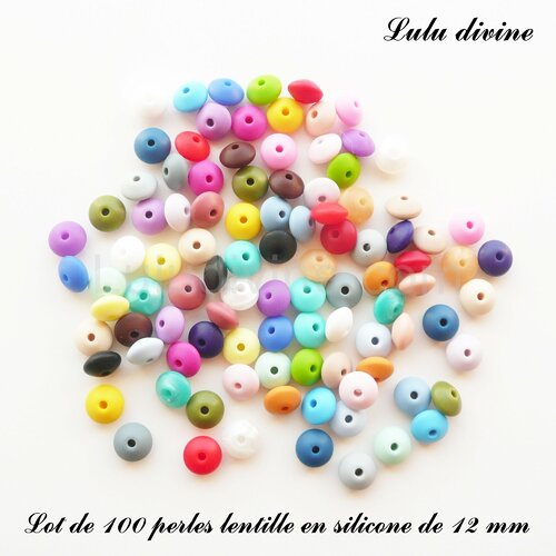 100 perles lentille en silicone de 12 mm, mix couleur, lot non modulable