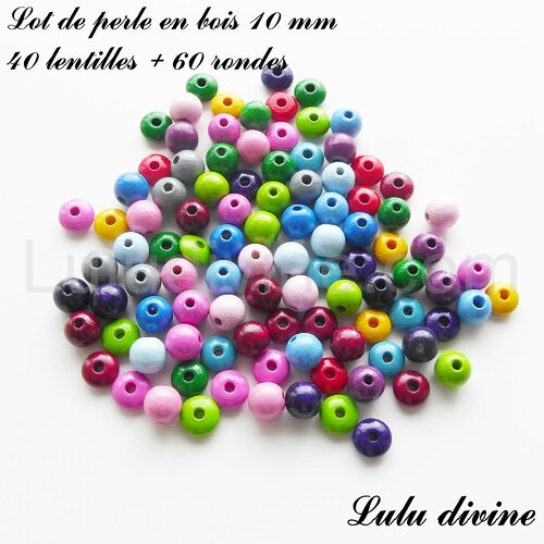 Lot de perles en bois, 40 perles lentille &amp; 60 perles ronde 10 mm