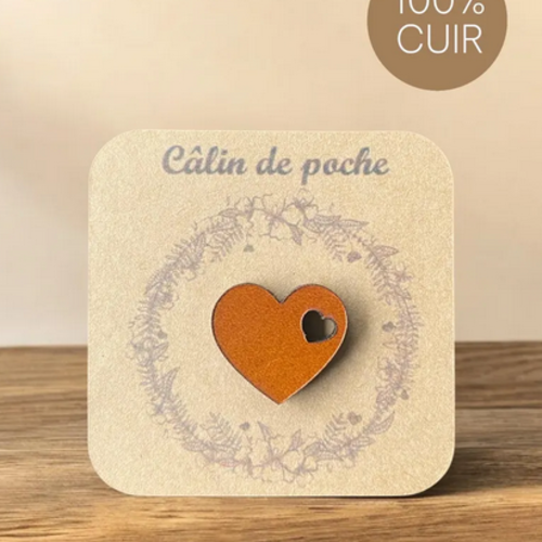 Câlin de poche coeur en cuir camel