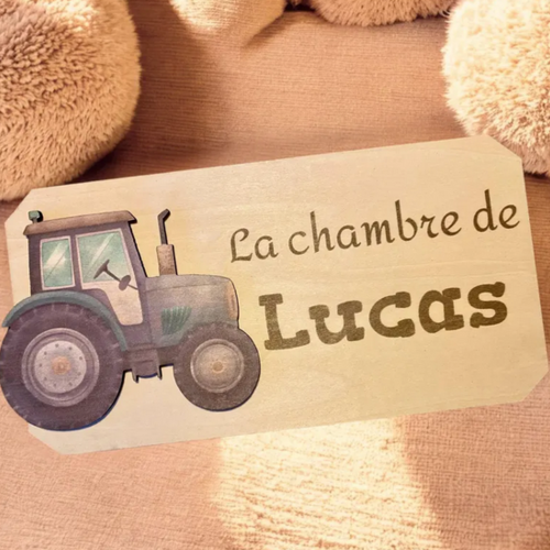 Plaque de porte en bois prenom enfant tracteur